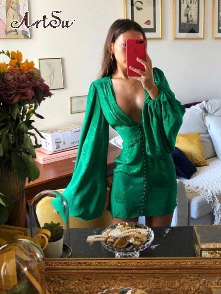 ArtSu Women's Satin Dresses Green Gold Deep V Neck Botton Lantern Sleeve Mini Dress Sexy Female Party Dresses Club Autumn 60551