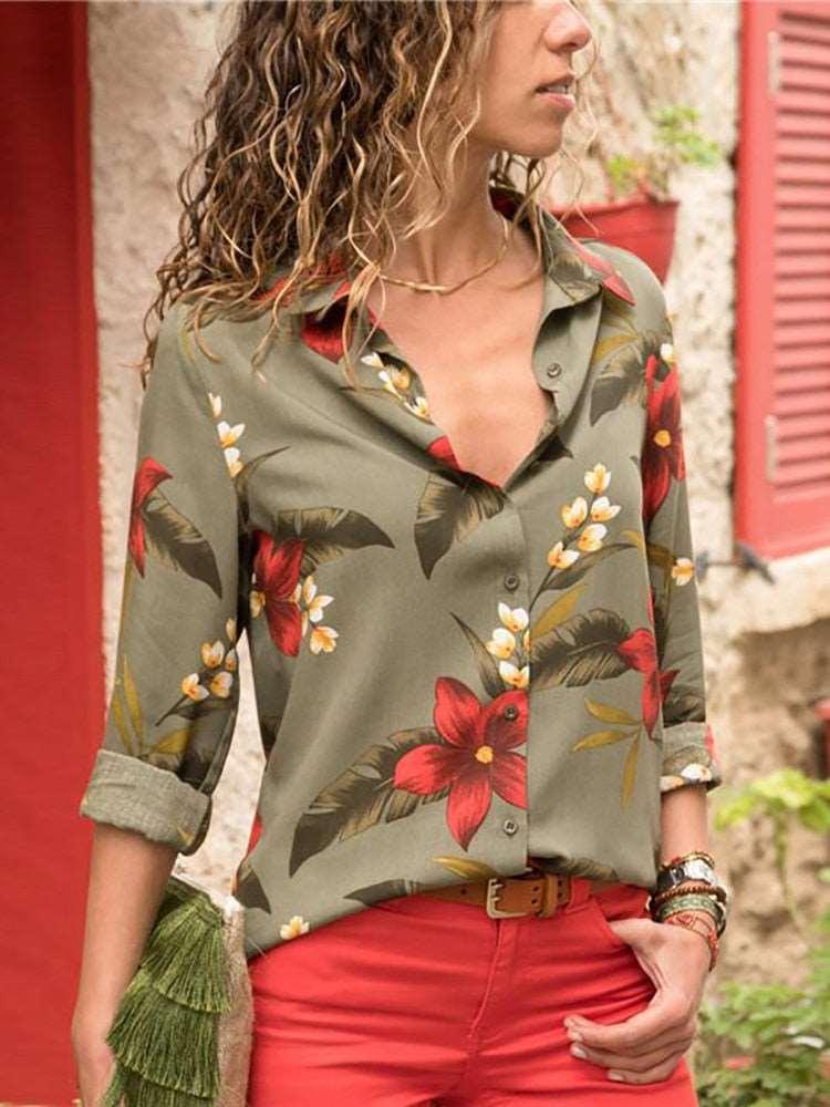 Aachoae Womens Tops and Blouses 2022 Summer Floral Print Blouse Long Sleeve Turn Down Collar Office Shirt Blusas Mujer