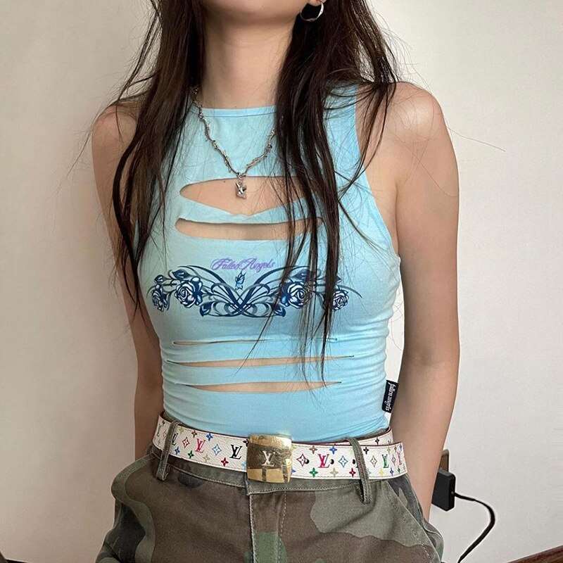 Artsu 2021 Straps Solid Crop Top Tshirt Summer Sexy Hollow Out Vest Women Streetwear Y2K Party Club Camis Female ASVE83208