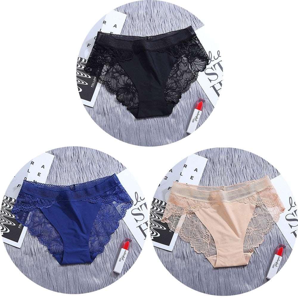 3Pcs/Lot Lace Women's Panties Sets Ice Silk Seamless Underwear - Transparent  Briefs - Mid-Rise Lingerie