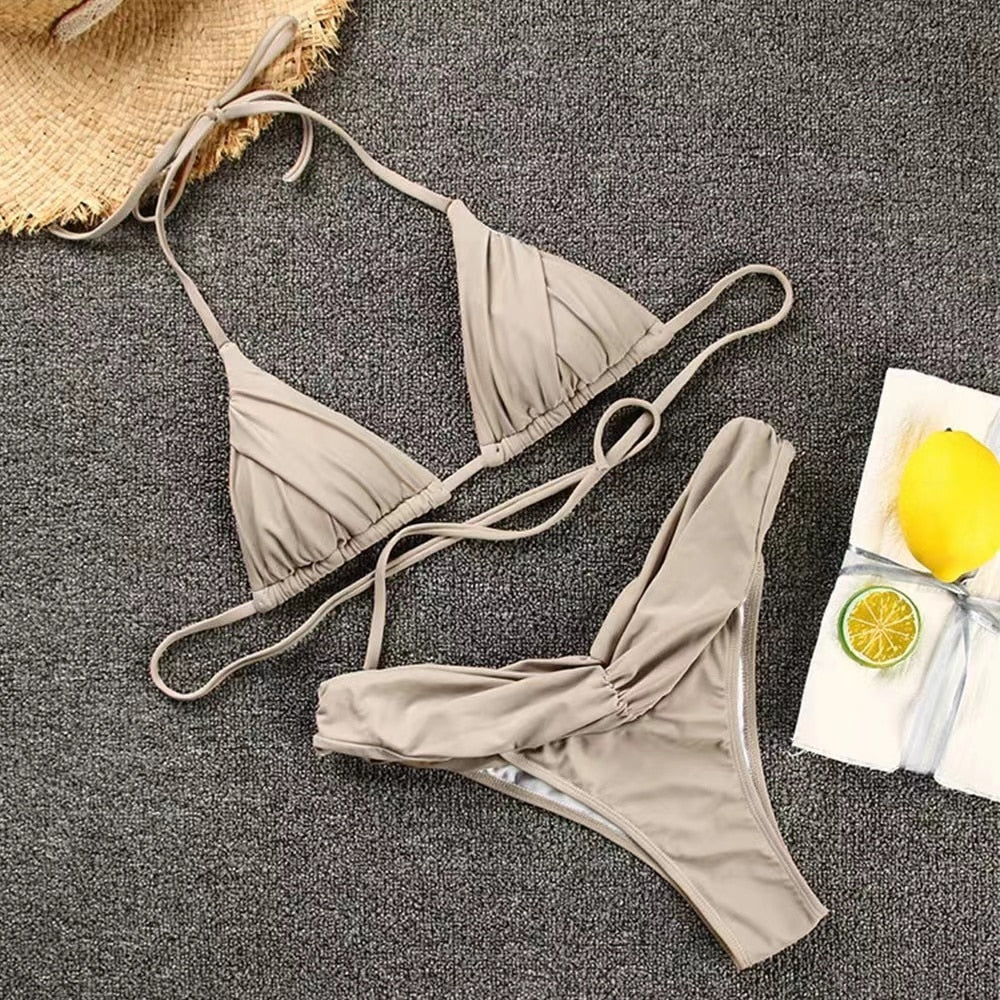 Sexy Micro Bikinis 2022 Women Halter Brazilian Bikini Set Female Pleated Swimsuit New Triangle Swimwear Beach Wear Bathing Suit