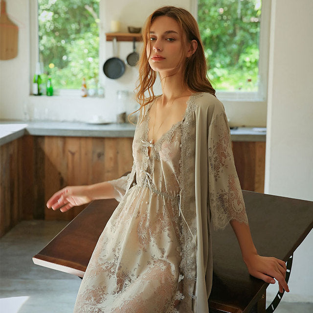 Sexy Mousse Women Sleepwear Lace See Through Deep V Bathrobe