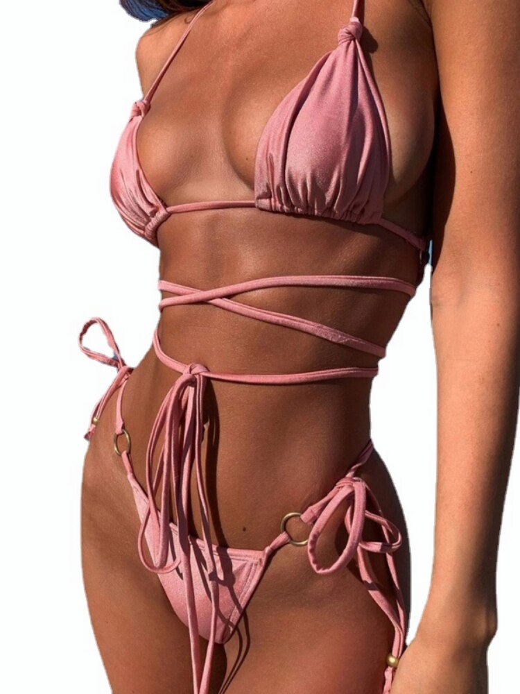 Sexy Satin Knot Design Bikini Luxury Strappy Swimwear Women Biquini Folds Bikini Set Bathing Suit 2pcs Swimsuit Champagne Bikini