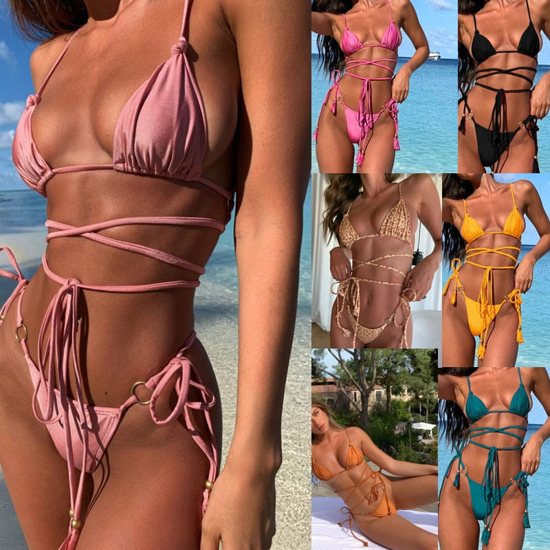 Sexy Satin Knot Design Bikini Luxury Strappy Swimwear Women Biquini Folds Bikini Set Bathing Suit 2pcs Swimsuit Champagne Bikini