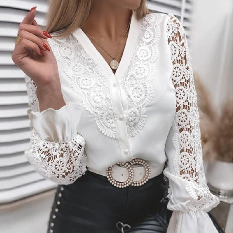 Spring Sexy Lace Patchwork Hollow Out Shirt Fashion White Vintage Long Sleeve Tops Button Mesh Crochet Lace Blouse Women 13267