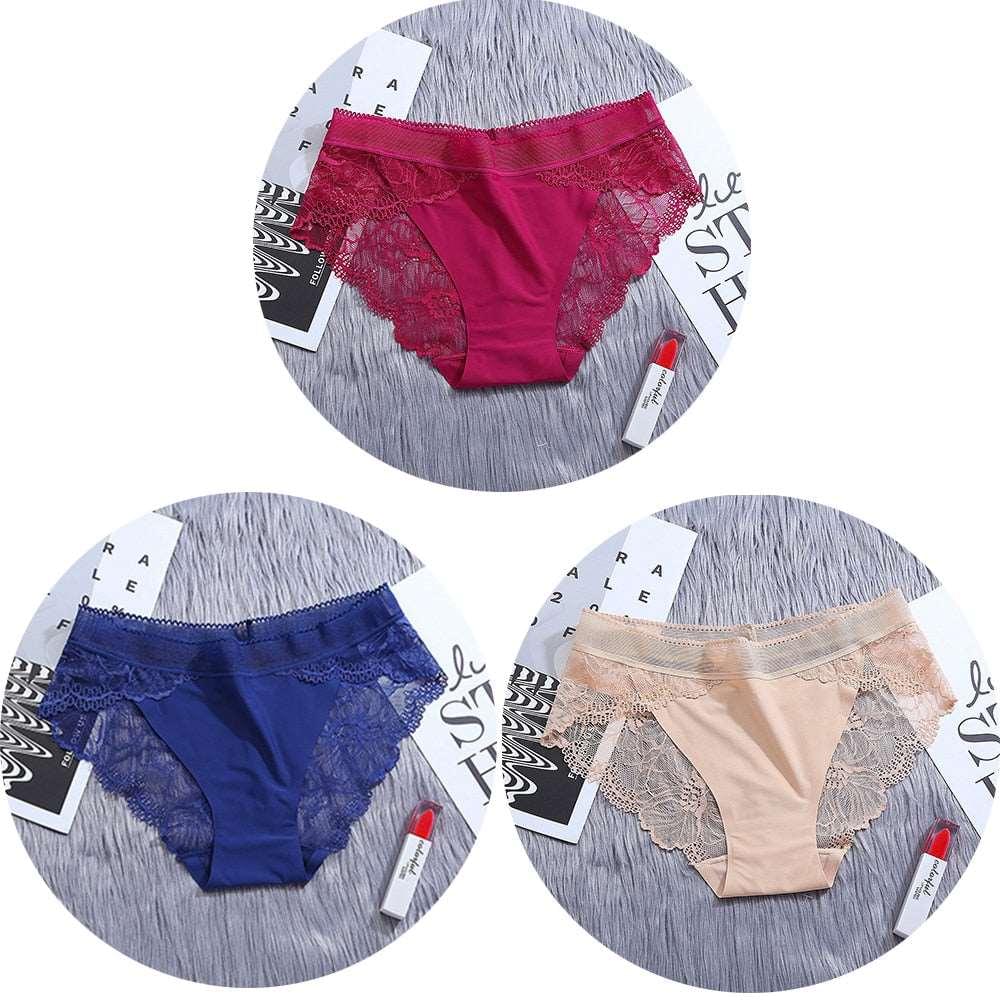 3Pcs/Lot Lace Women's Panties Sets Ice Silk Seamless Underwear - Transparent  Briefs - Mid-Rise Lingerie