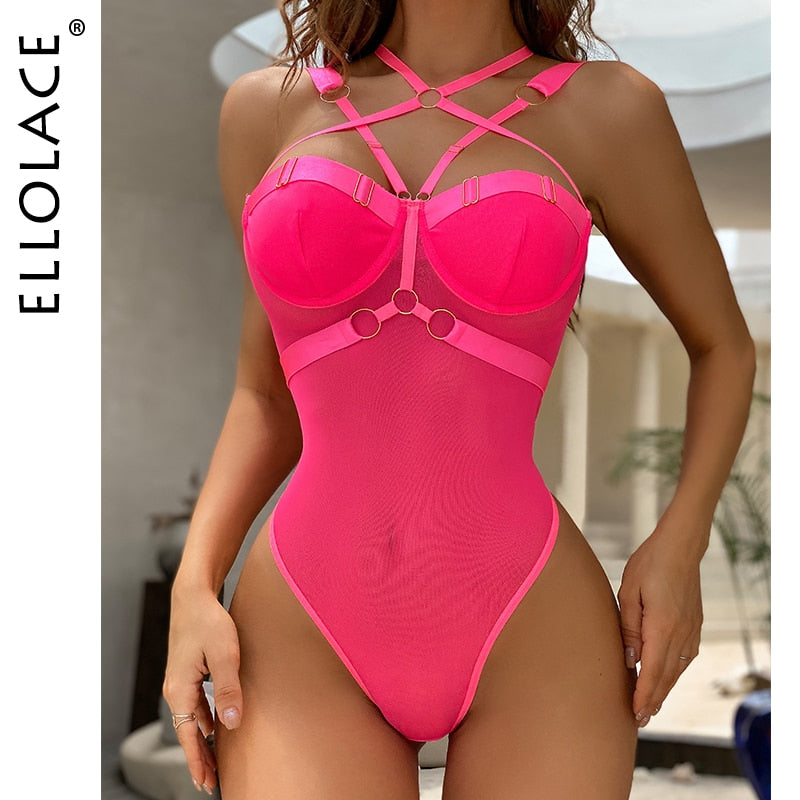 Ellolace Sensual Lingerie Bodysuit Halter Fitness Exotic Costumes See Through Lace Backless Erotic Tights Sexy Thongs Body