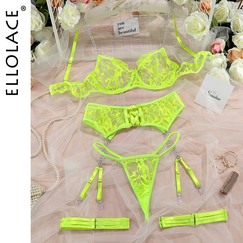 Ellolace Erotic Underwear Lace Transparent Bra Exotic Sets Sexy Thong Woman Porn Fancy Sensual Luxury Lingerie 4-Pieces