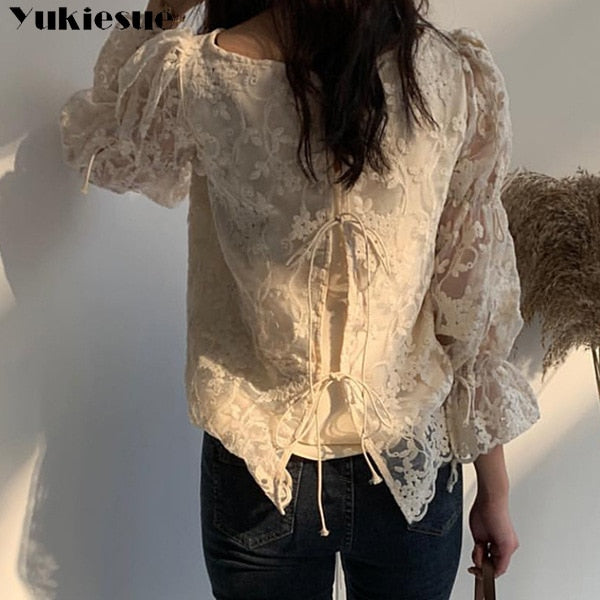 Spring Autumn New Girl Chiffon shirt Fashion embroidered lace Tops Elegant Flare sleeve Casual Women blouse Blusa womens blouses