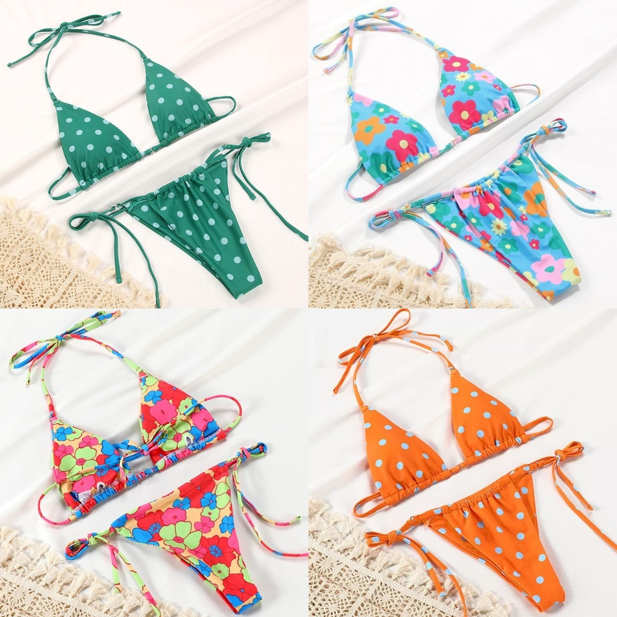 Summer 2021 Swimsuit Solid Color Bikini Set Floral Print Swimwear Sexy Biquini Bathing Suit Women Bikinis String Beach