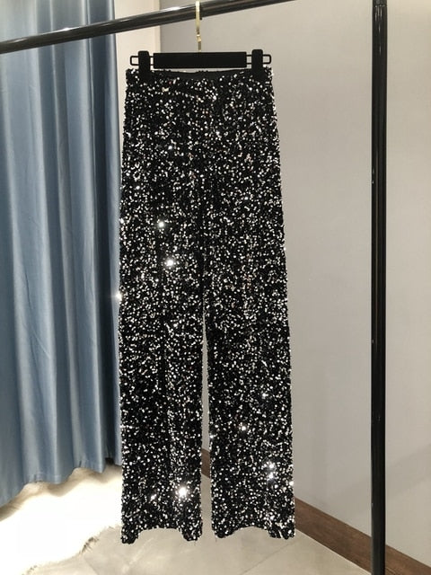 The New Women's Fashion Trendy Sparkling Gold Pants Relaxation of Tall Waist Wide-legged Pants Women's South Korean Style