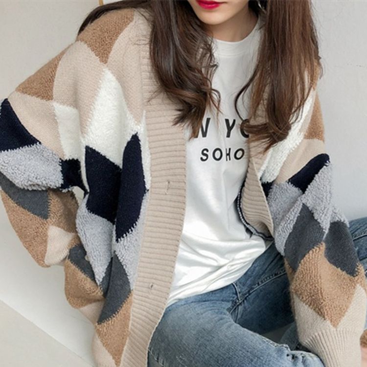 Colorfaith 2022 Plaid Chic Cardigans Button Puff Sleeve Checkered Oversized Women's Sweaters Winter Spring Sweater Tops SW658