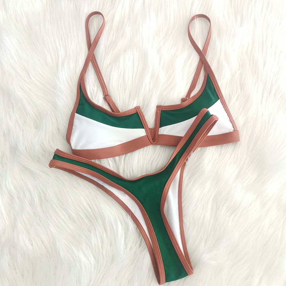 Vintage Retro Bikini Patchwork Swimsuit Thong Brazilian Sexy Swimwear Female 2022 New Summer Micro V-bar Green Bathing Suits