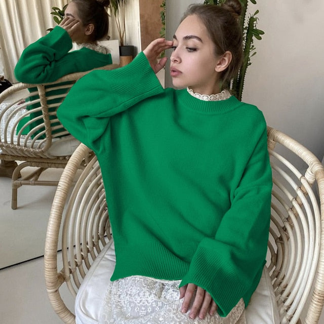 WYWM Winter Warm Knitted O Neck Sweater Women 2022 Korean Elegant Basic Pullovers Ladies Loose Soft New Green Female Clothing