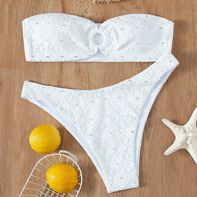 White Color Bikinis Bandeau Swimwear Women Swimsuit Sexy Ruffles Bikini Set Thong Beachwear Summer Bath Suit Hollow Out Biquini