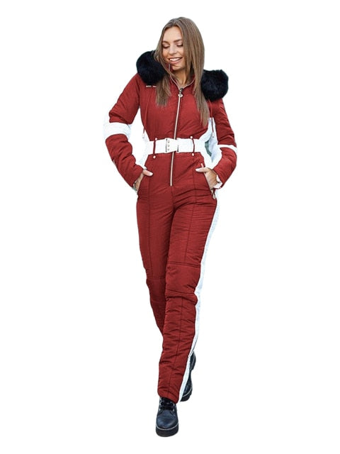 Winter Ski Jumpsuit Women White with Black Insert Ski Suits Comfy Hooded Faux Fur Jacket fashion Warm Female Pants Suit Sets