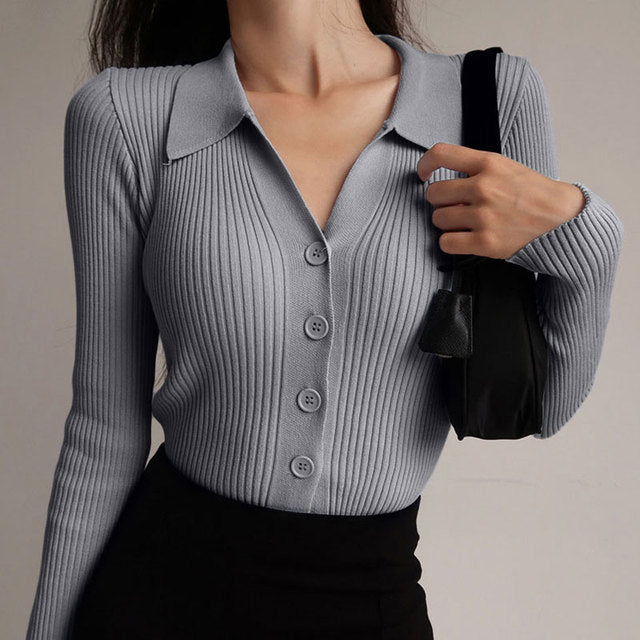 Women 2022 New Lapel Slim Slimming Tops Ladies Hollow Buttons Sexy V Neck Long Sleeve POLO Neck Knit Cardigan Sweater Women