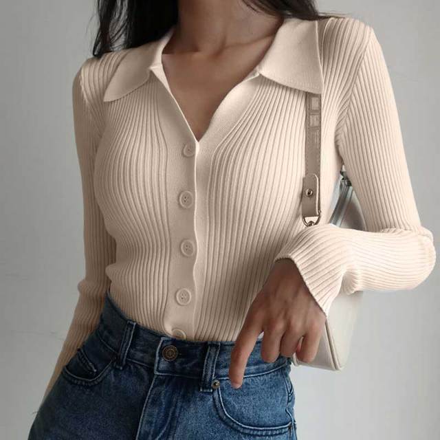 Women 2022 New Lapel Slim Slimming Tops Ladies Hollow Buttons Sexy V Neck Long Sleeve POLO Neck Knit Cardigan Sweater Women