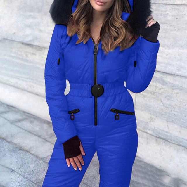 Women Jackets One Piece Ski Suit Winter Hooded Parka Jumpsuit Women Bodysuit Sashes Jumpsuits Zipper Overalls Tracksuits New