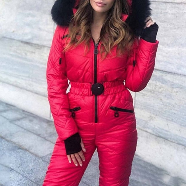 Women Jackets One Piece Ski Suit Winter Hooded Parka Jumpsuit Women Bodysuit Sashes Jumpsuits Zipper Overalls Tracksuits New