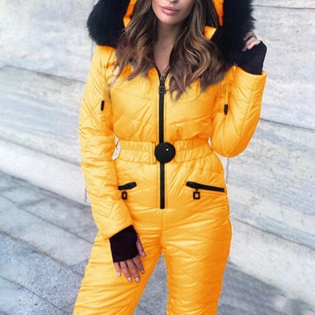 Women Jackets One Piece Ski Suit Winter Hooded Parka Jumpsuit Women Bodysuit Sashes Jumpsuits Zipper Overalls Tracksuits New