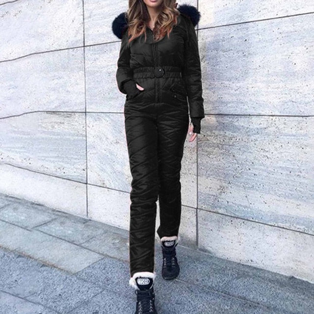 Women Jackets One Piece Ski Suit Winter Hooded Parka Jumpsuit Women Bodysuit Sashes Jumpsuits Zipper Overalls Tracksuits New