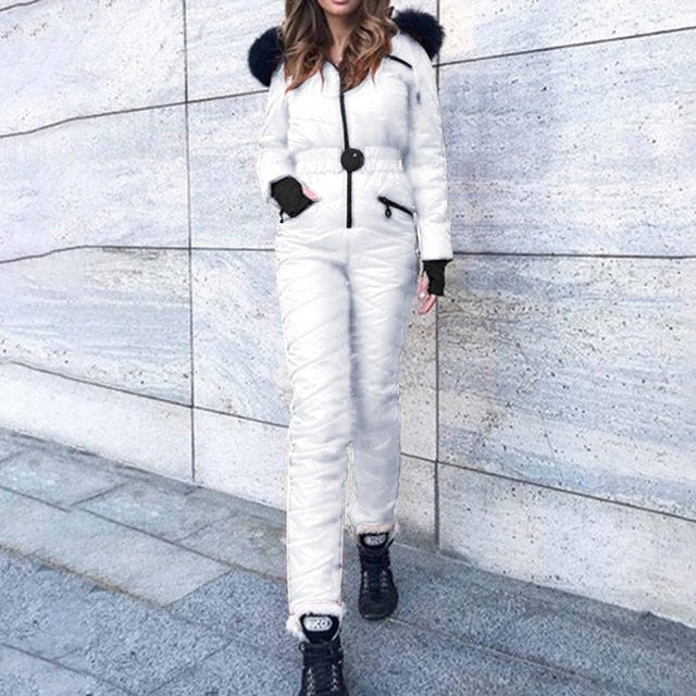 Women Jackets One Piece Ski Suit Winter Hooded Parka Jumpsuit Women Bodysuit Sashes Jumpsuits Zipper Overalls Tracksuits New