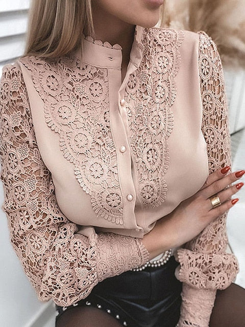 Women Sexy Lace Patchwork Hollow Out Shirt Blouse Long Sleeve O-Neck Mesh Design Tops 2022 Spring White Vintage Button Shirts