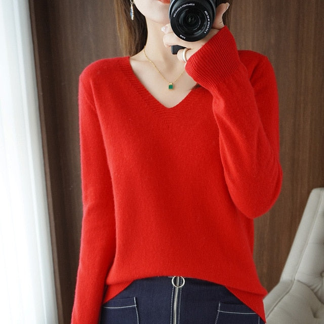 Women's Sweater 2022 Autumn Winter Knitted Pullovers V-neck Slim Fit Bottoming Shirt Solid Soft Knitwear Jumpers Basic Sweaters