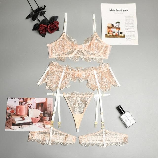 3-Piece Lace Bra Set - Embroidery - Transparent Underwear Set