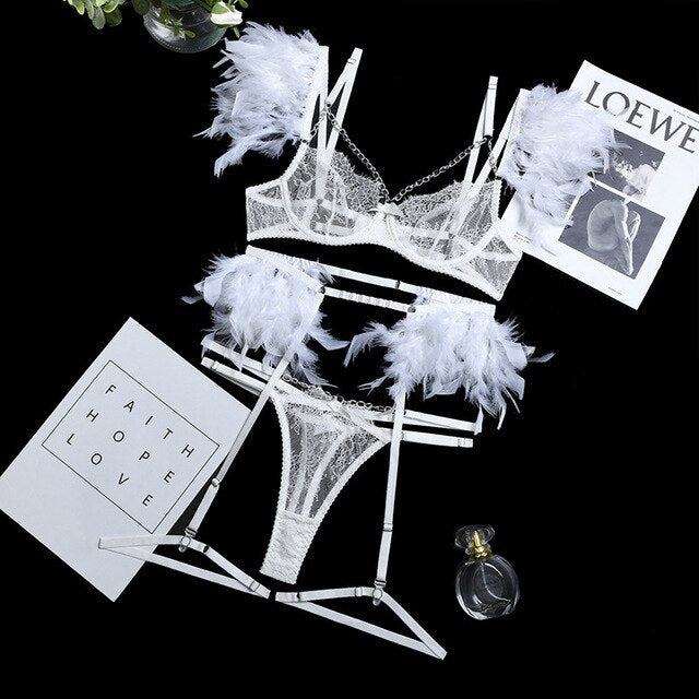 Yimunancy 3-Piece Lace Feather Exotic Sets Women Chain Patchwork 8 Colors Panty Underwear Set  Ladies Sexy Lingerie Set