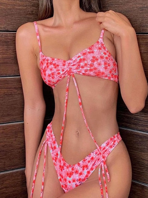 Zrtak Bikini Sexy Triangle Adjust Swimwear Women Bathing Suit Hollow Out Quality Pleated Swimsuit Female Double-Sided Bikini Set